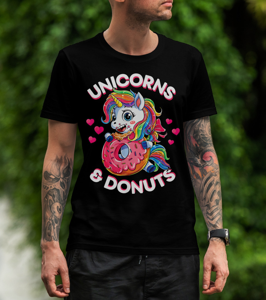 UNICORNS And DONUTS Rainbow Unicorn Eating Donut Surrounded By Hearts T-Shirt