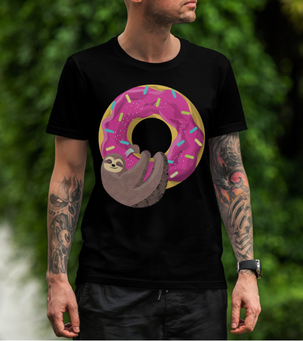 Sloth Hugging Pink Sprinkled Donut T-Shirt