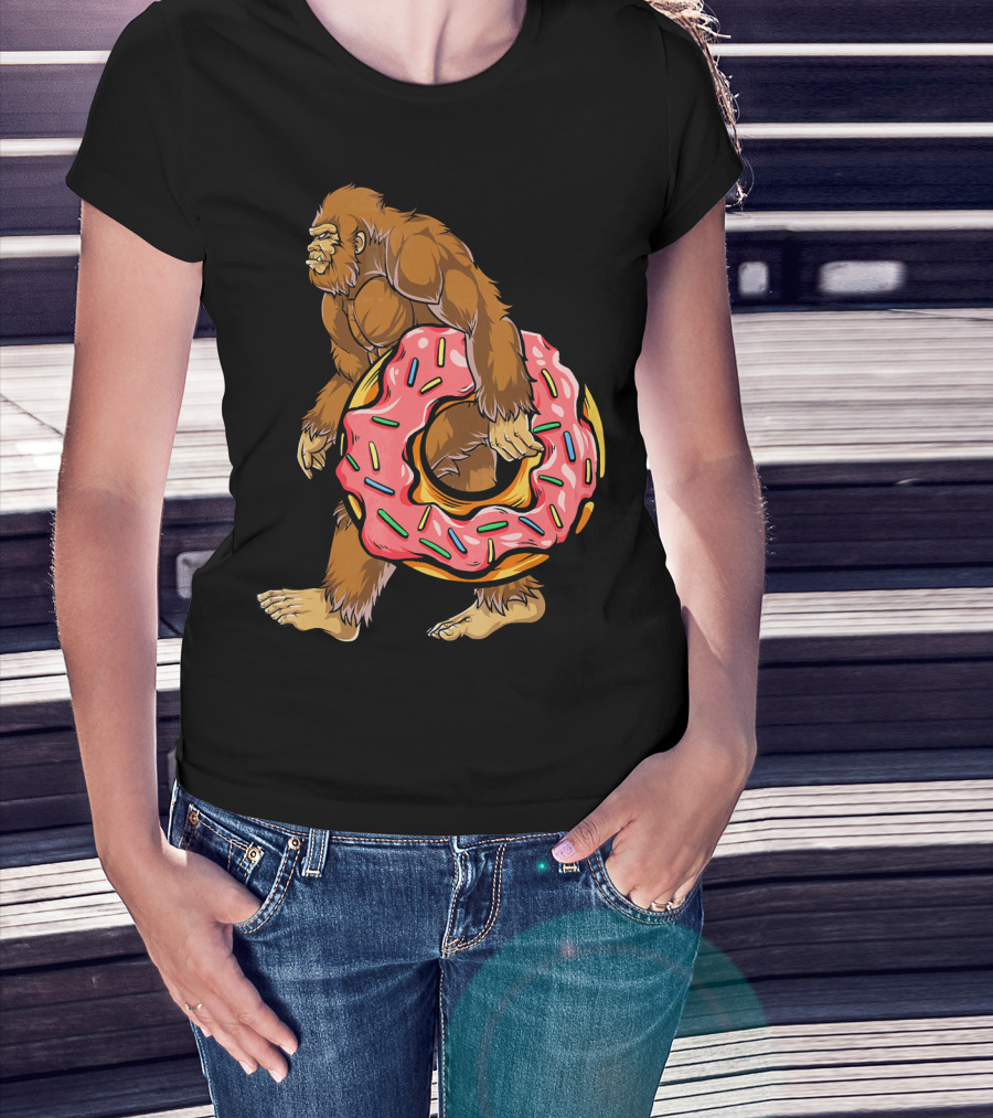 Bigfoot Sasquatch Holding Sprinkled Donut T-Shirt