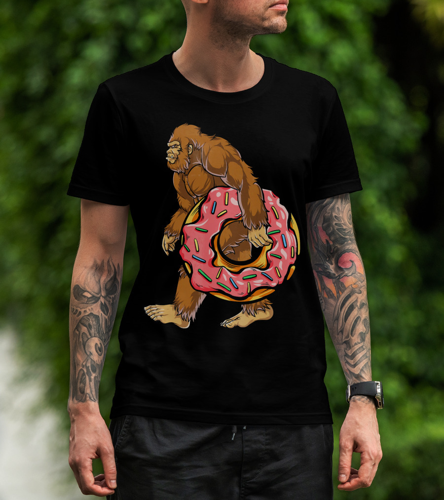 Bigfoot Sasquatch Holding Sprinkled Donut T-Shirt
