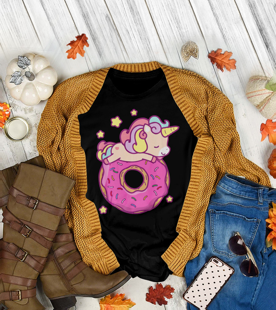 Cute Unicorn Donut Girls Kids Donut Day Sleepy Starry Sprinkle Delight T-Shirt
