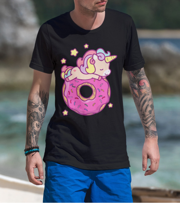 Cute Unicorn Donut Girls Kids Donut Day Sleepy Starry Sprinkle Delight T-Shirt