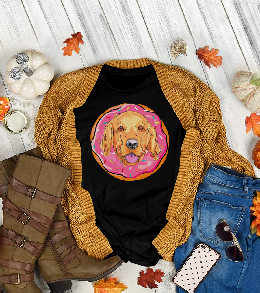 Funny Golden Retriever Donut Dog Face T-Shirt