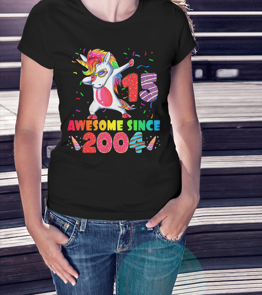 15 Awesome Dabbing Unicorn Donut Birthday 2004 T-Shirt
