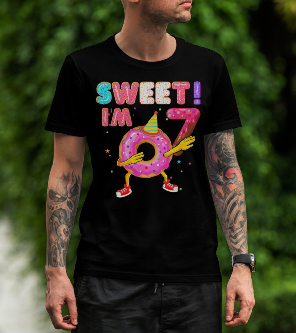 Sweet I'm 7 Birthday Donut Party Hat Fun T-Shirt
