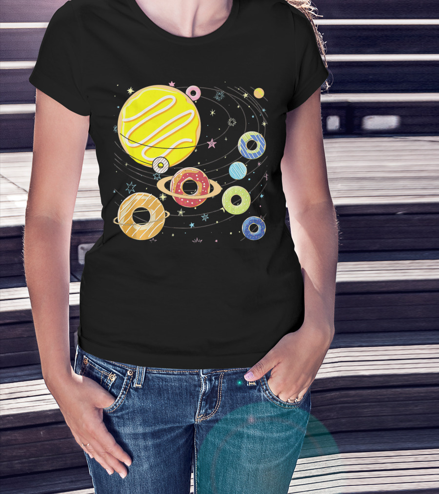 Galaxy Planets As Glazed Donuts Doughnuts With Stars T-Shirt