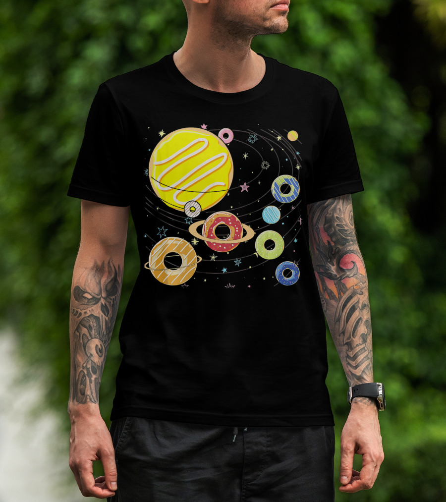 Galaxy Planets As Glazed Donuts Doughnuts With Stars T-Shirt