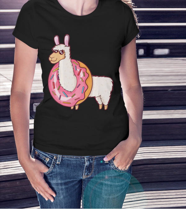 Cute Llama In A Sprinkled Donut Hole Alpaca T-Shirt