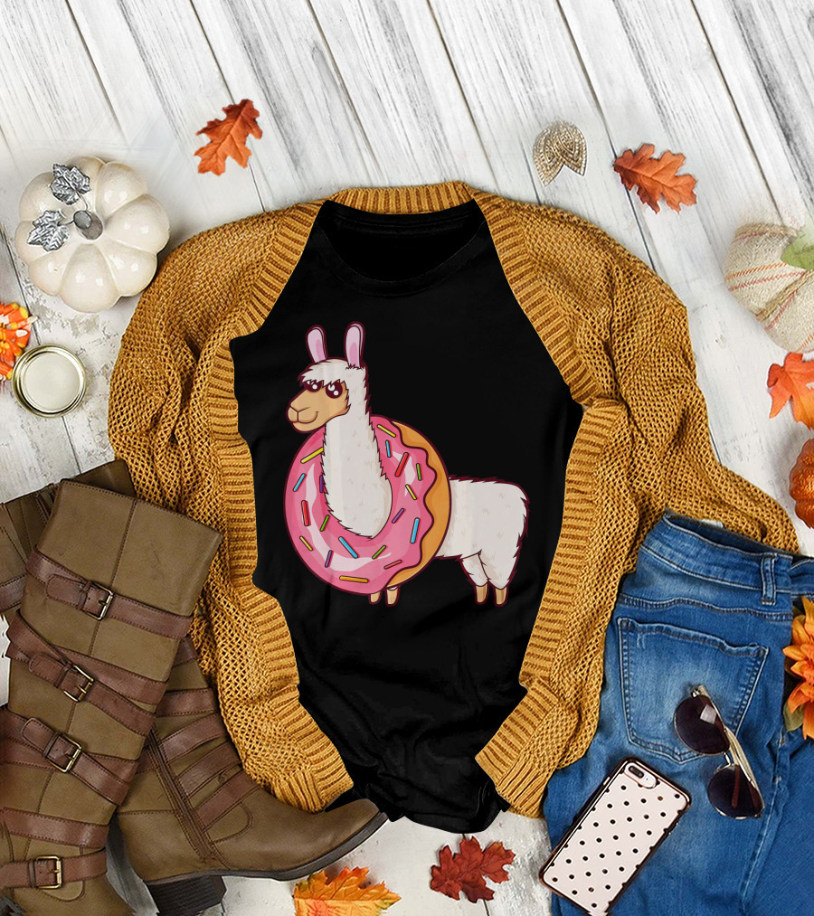 Cute Llama in a Sprinkled Donut Hole Alpaca T-Shirt