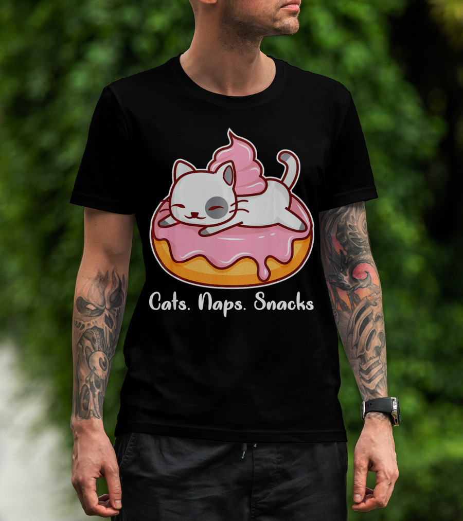 Cats Naps Snacks With Cute Kitty On Pink Icing Donut T-Shirt