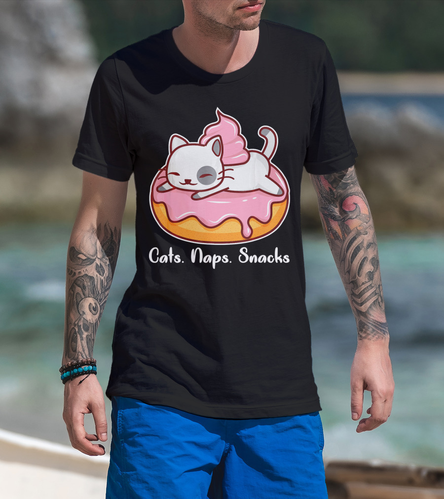 Cats Naps Snacks With Cute Kitty On Pink Icing Donut T-Shirt