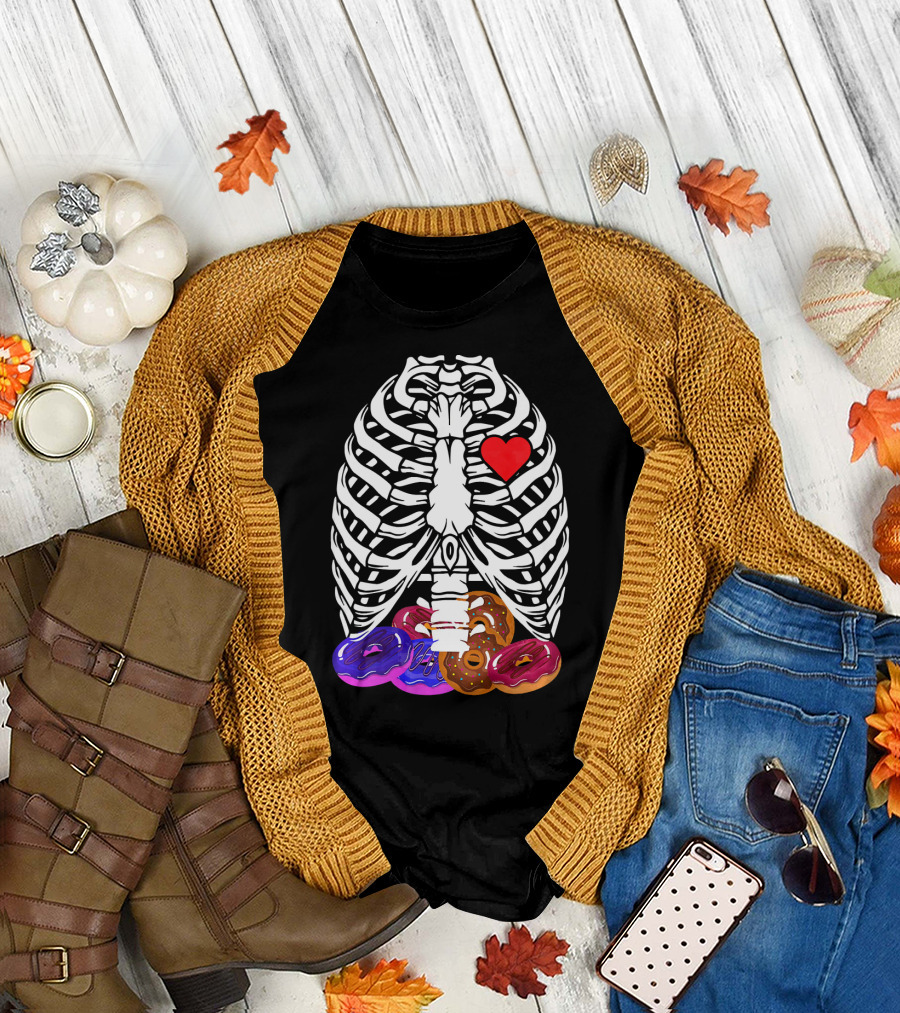 Funny Halloween Rib Cage Skeleton with Heart and Colorful Donuts T-Shirt