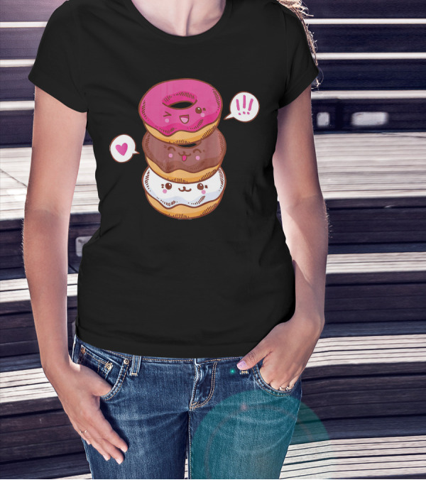 Kawaii Cheerleading Donut Stack With Cute Expressions And Heart Speech Bubbles T-Shirt