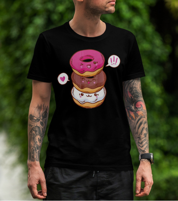 Kawaii Cheerleading Donut Stack With Cute Expressions And Heart Speech Bubbles T-Shirt