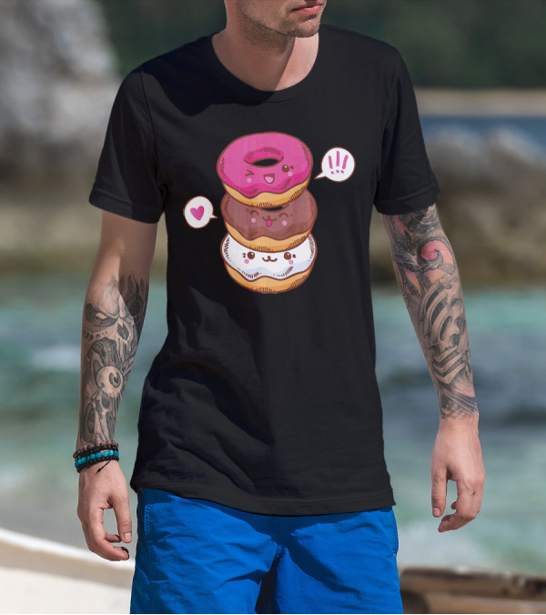 Kawaii Cheerleading Donut Stack With Cute Expressions And Heart Speech Bubbles T-Shirt