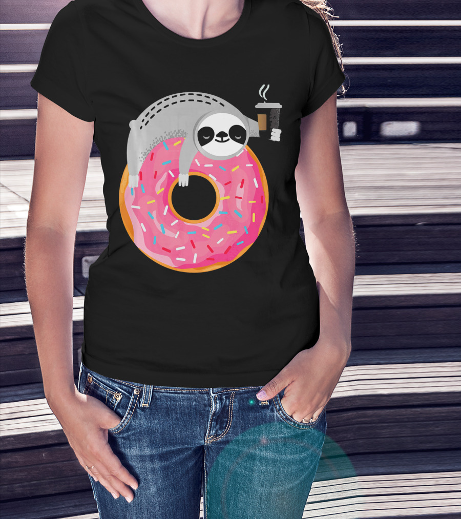 Sloth Relaxing On Sprinkled Donut Holding Steaming Coffee Cup T-Shirt