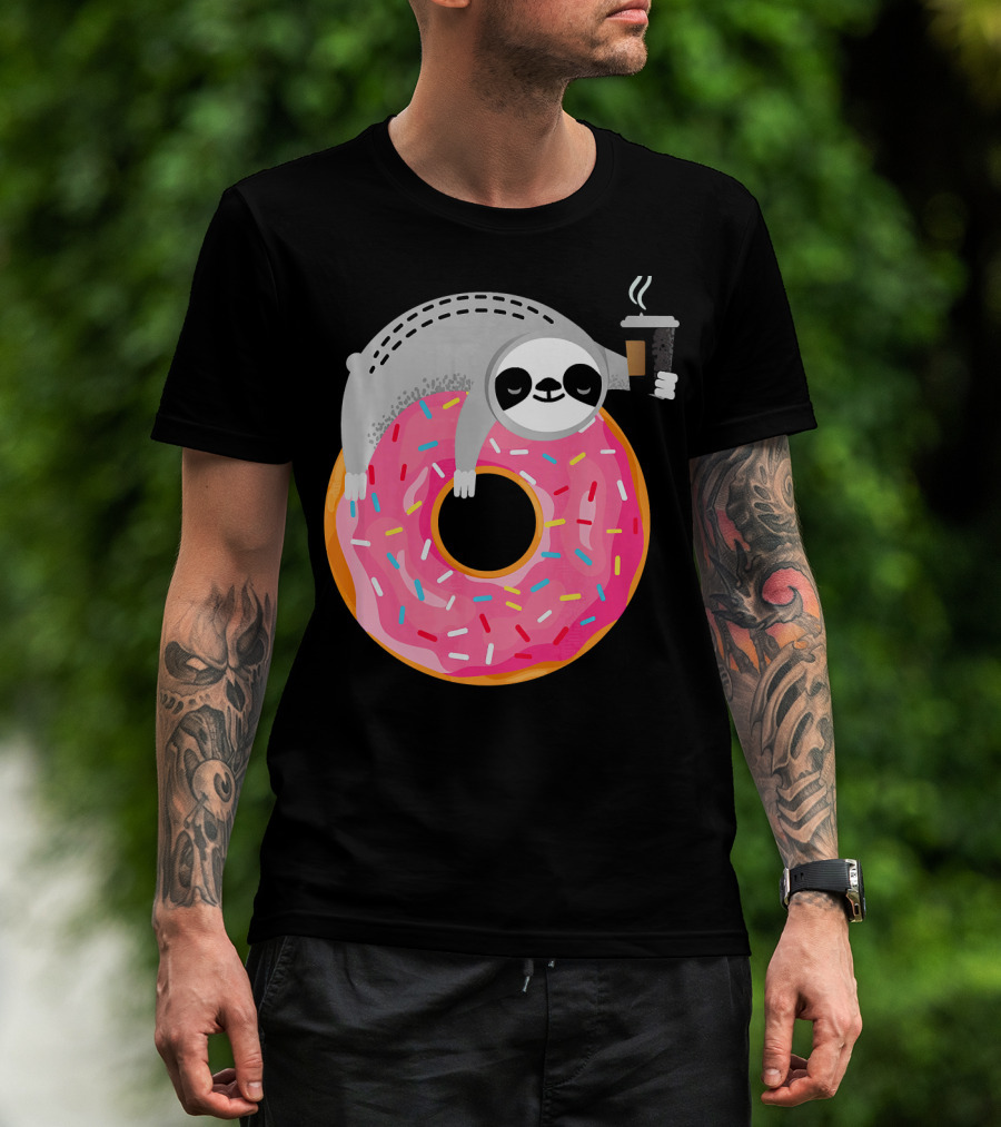 Sloth Relaxing On Sprinkled Donut Holding Steaming Coffee Cup T-Shirt