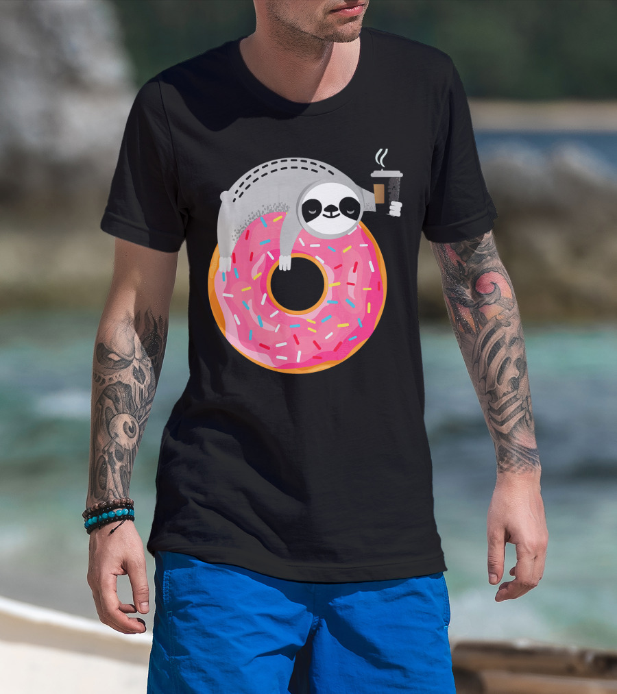 Sloth Relaxing On Sprinkled Donut Holding Steaming Coffee Cup T-Shirt