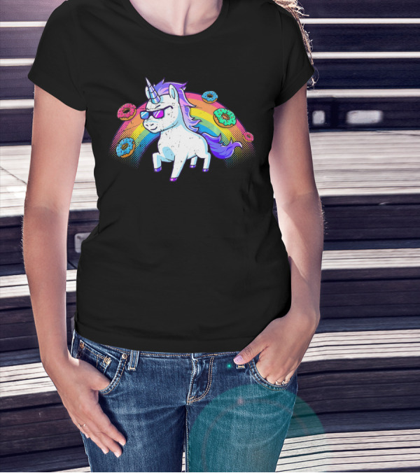 Donut Unicorn In Sunglasses With Rainbow T-Shirt