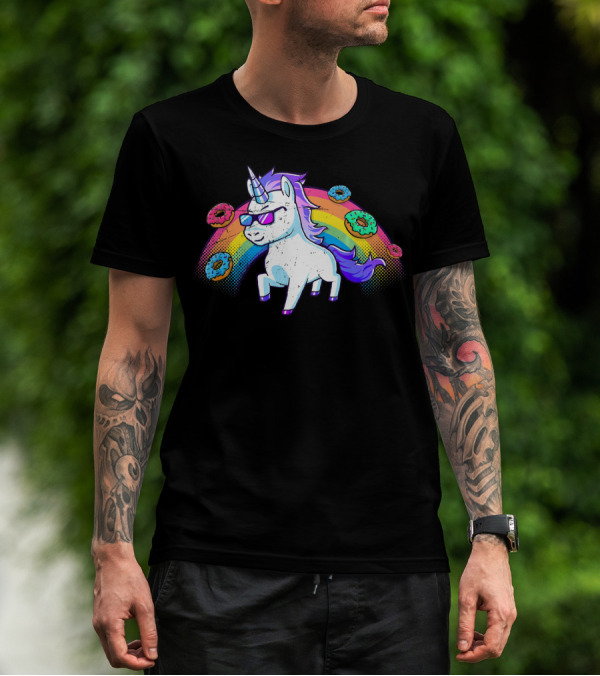 Donut Unicorn In Sunglasses With Rainbow T-Shirt