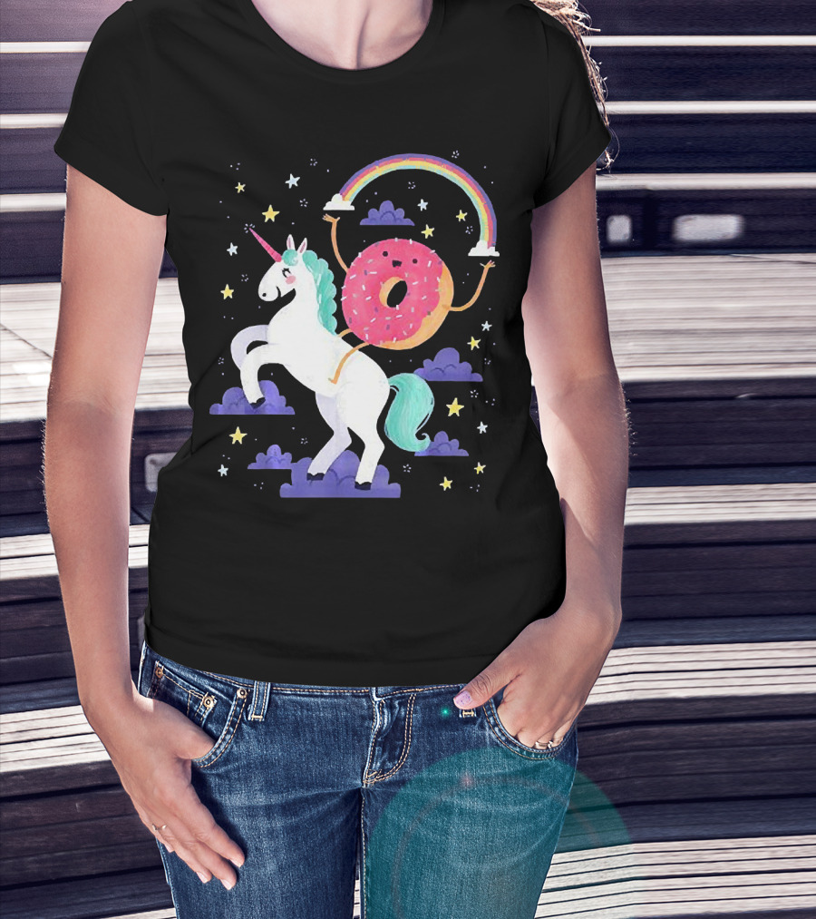 Donut Riding Unicorn With Rainbow And Stars T-Shirt