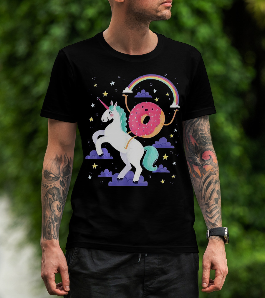 Donut Riding Unicorn With Rainbow And Stars T-Shirt