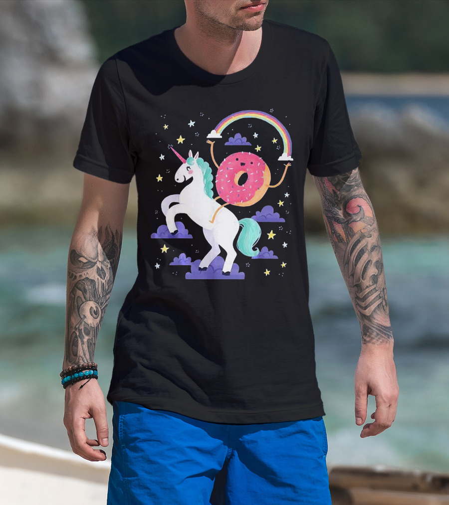 Donut Riding Unicorn With Rainbow And Stars T-Shirt