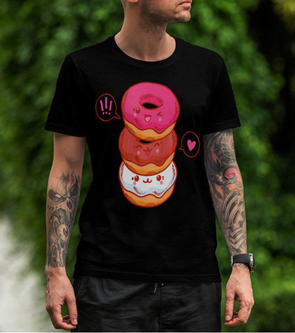 Kawaii Donuts Stack With Cute Faces And Heart T-Shirt
