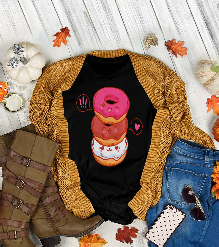Kawaii Donuts Stack with Cute Faces and Heart T-Shirt
