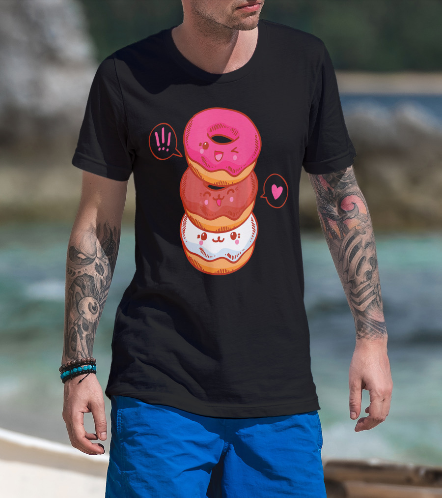 Kawaii Donuts Stack With Cute Faces And Heart T-Shirt