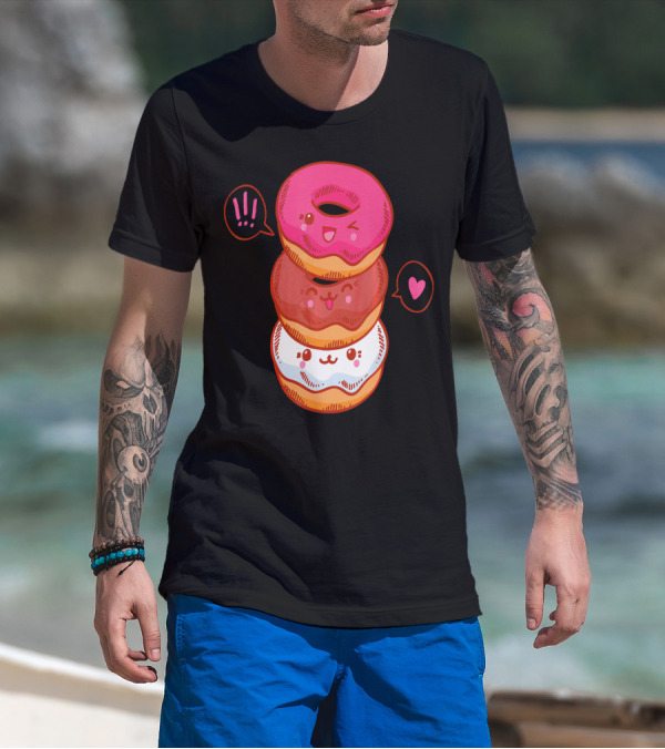 Kawaii Donuts Stack With Cute Faces And Heart T-Shirt