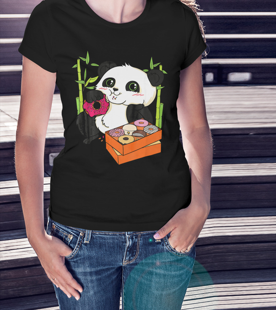 Panda Enjoying Box Of Colorful Donuts With Bamboo Background T-Shirt