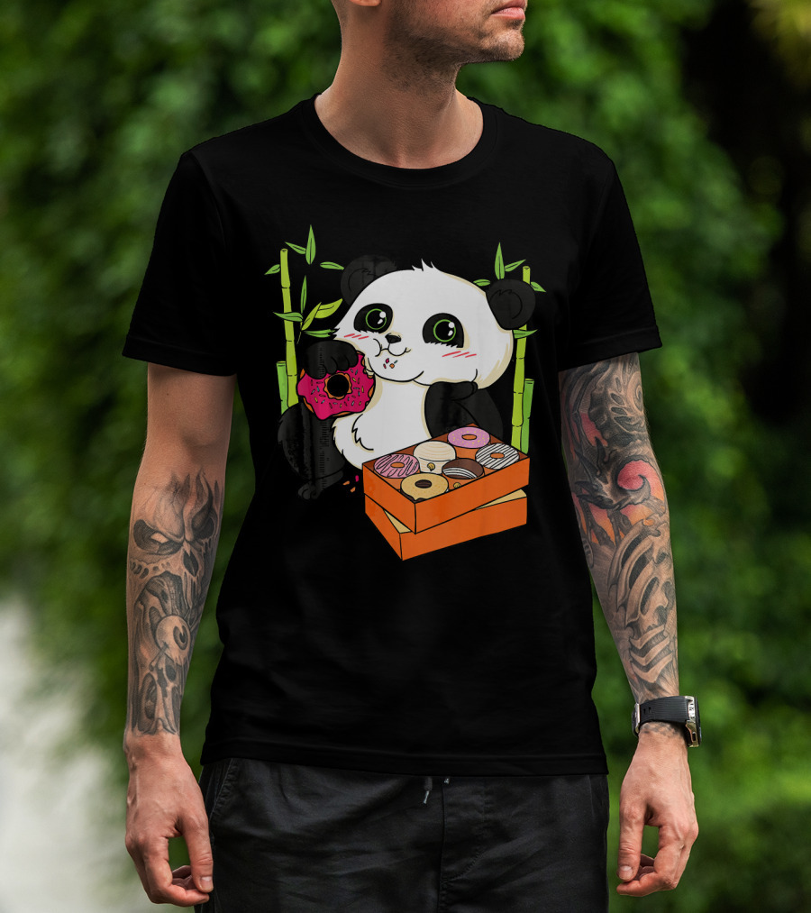 Panda Enjoying Box Of Colorful Donuts With Bamboo Background T-Shirt