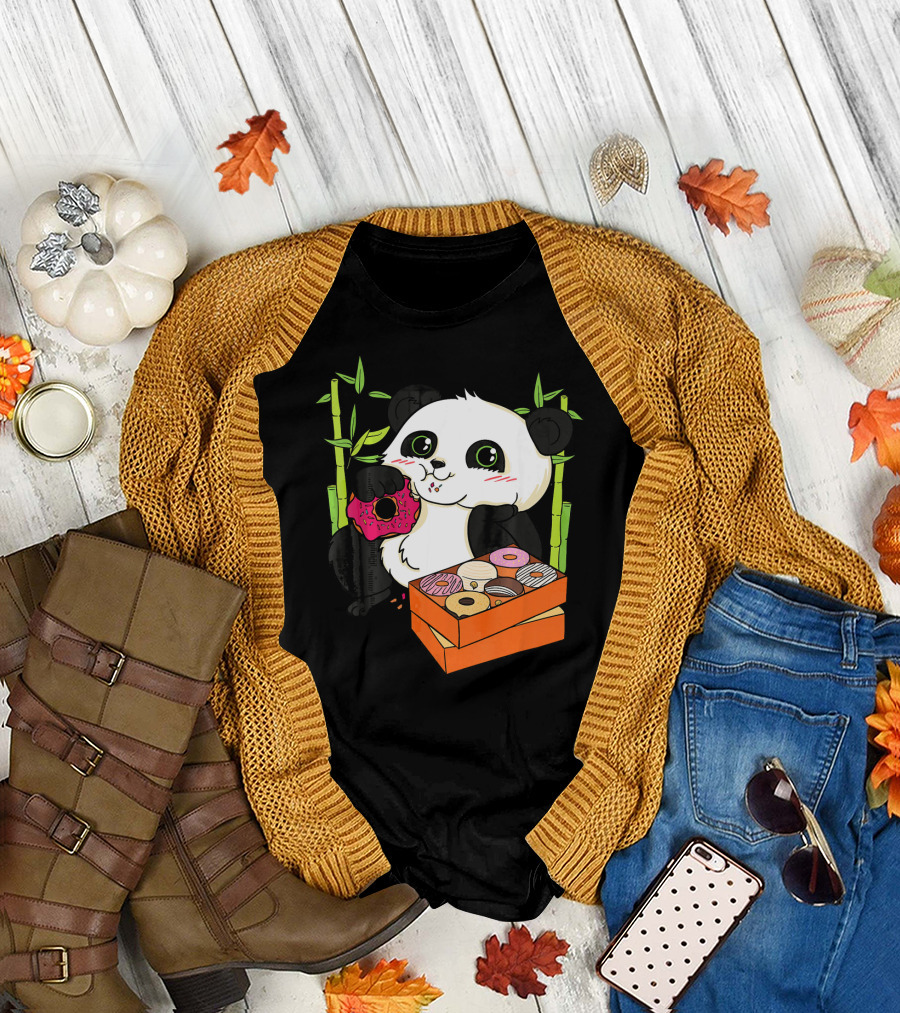 Panda Enjoying Box of Colorful Donuts with Bamboo Background T-Shirt