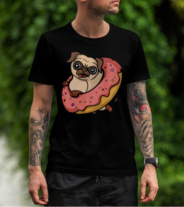Pug Dog With Pink Frosted Donut Lover T-Shirt