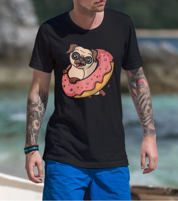 Pug Dog With Pink Frosted Donut Lover T-Shirt