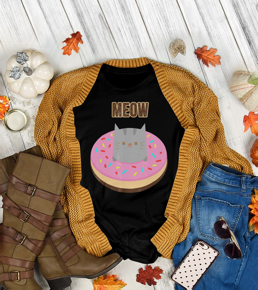 MEOW Adorable Cat Sitting in Colorful Donut T-Shirt