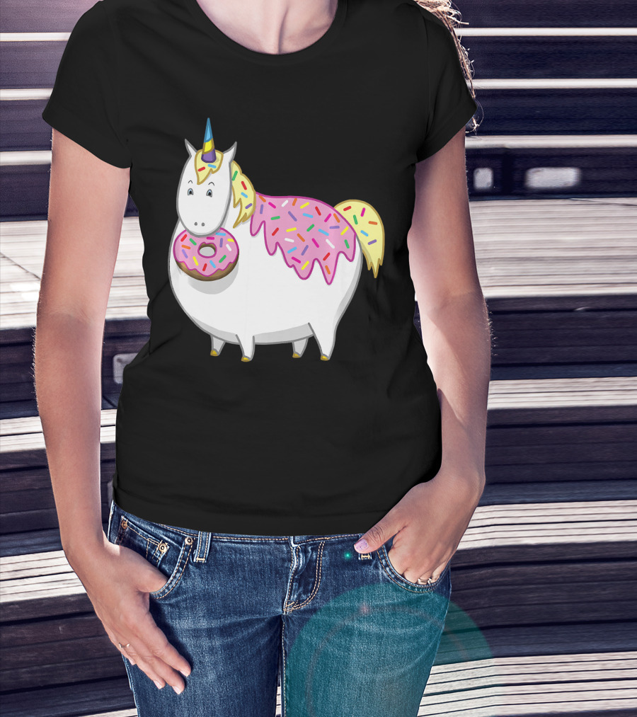 Funny Cute Fat Unicorn With Pink Frosting Doughnut T-Shirt