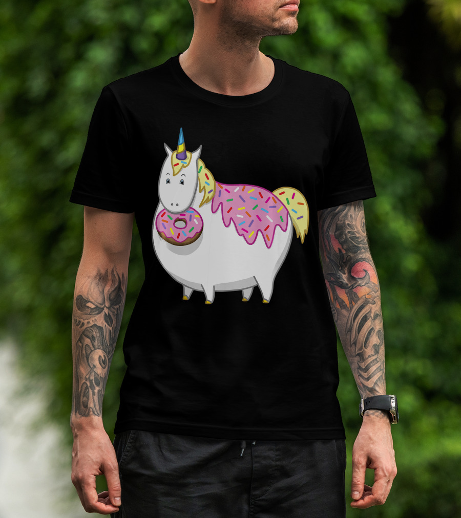 Funny Cute Fat Unicorn With Pink Frosting Doughnut T-Shirt