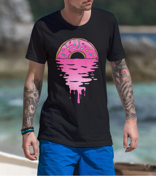 Pink Glazed Donut Melting Into Sunset Horizon T-Shirt