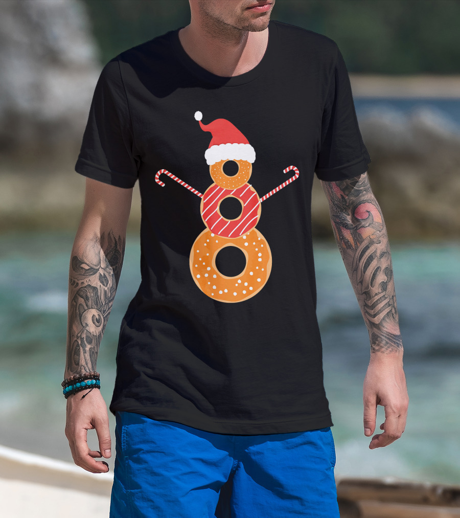 Santa Hat Donuts Doughnut Snowman With Candy Cane Arms T-Shirt