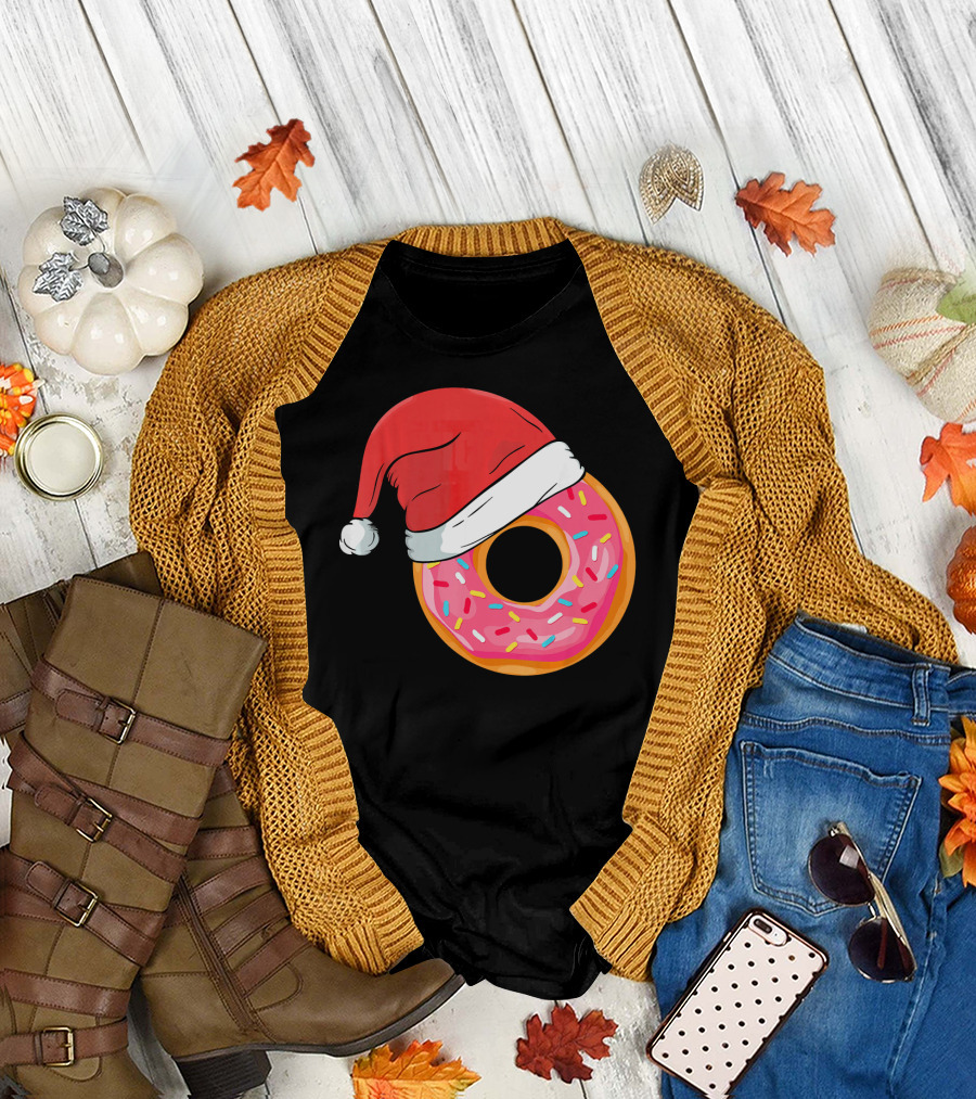 Santa Hat on Sprinkled Donut Holiday Humor T-Shirt