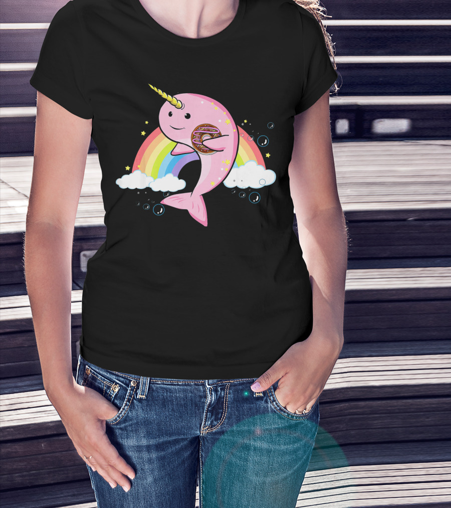 Funny Narwhal Unicorn Of The Sea With Donut On Rainbow Cloud T-Shirt