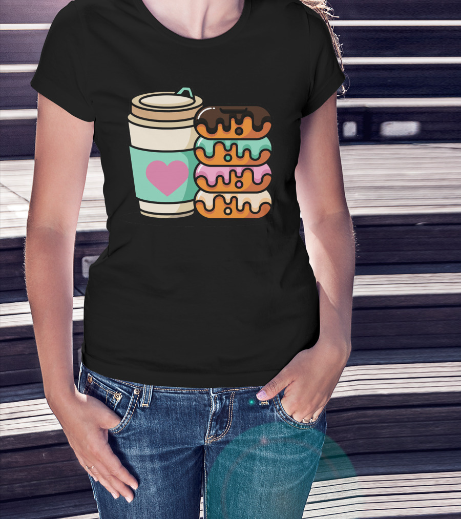 Coffee Donut Lover Heart Stack Doughnut T-Shirt
