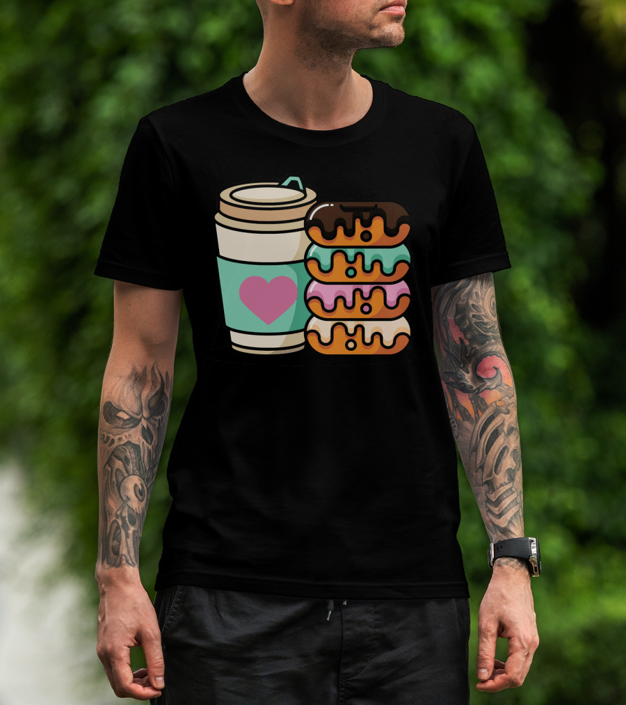 Coffee Donut Lover Heart Stack Doughnut T-Shirt