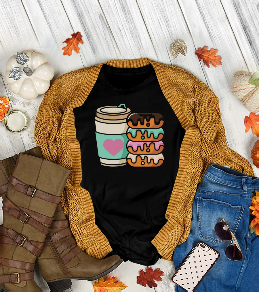 Coffee Donut Lover Heart Stack Doughnut T-Shirt