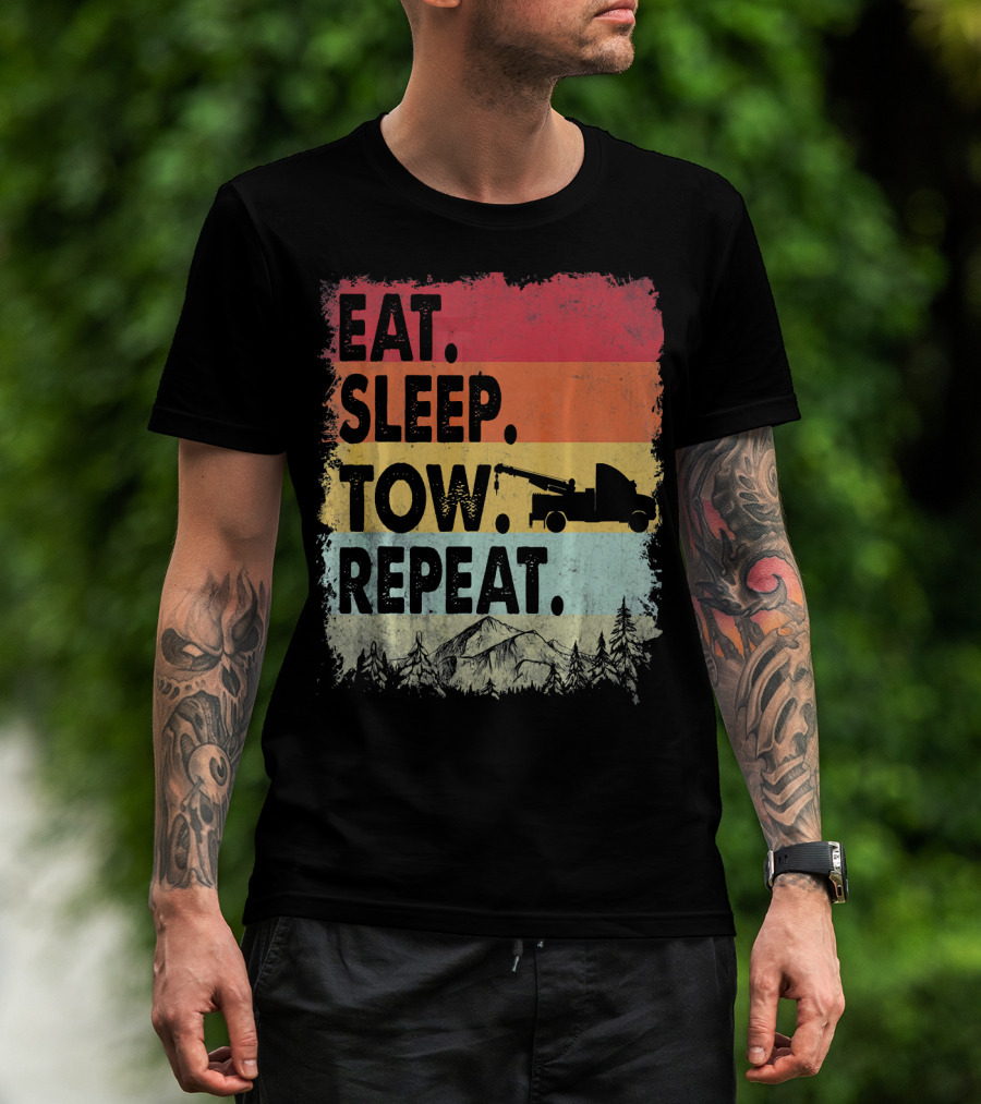 Eat Sleep Tow Repeat Funny Tow Truck Vintage Sunset Mountains Forest T-Shirt