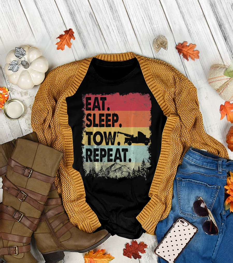 Eat Sleep Tow Repeat Funny Tow Truck Vintage Sunset Mountains Forest T-Shirt