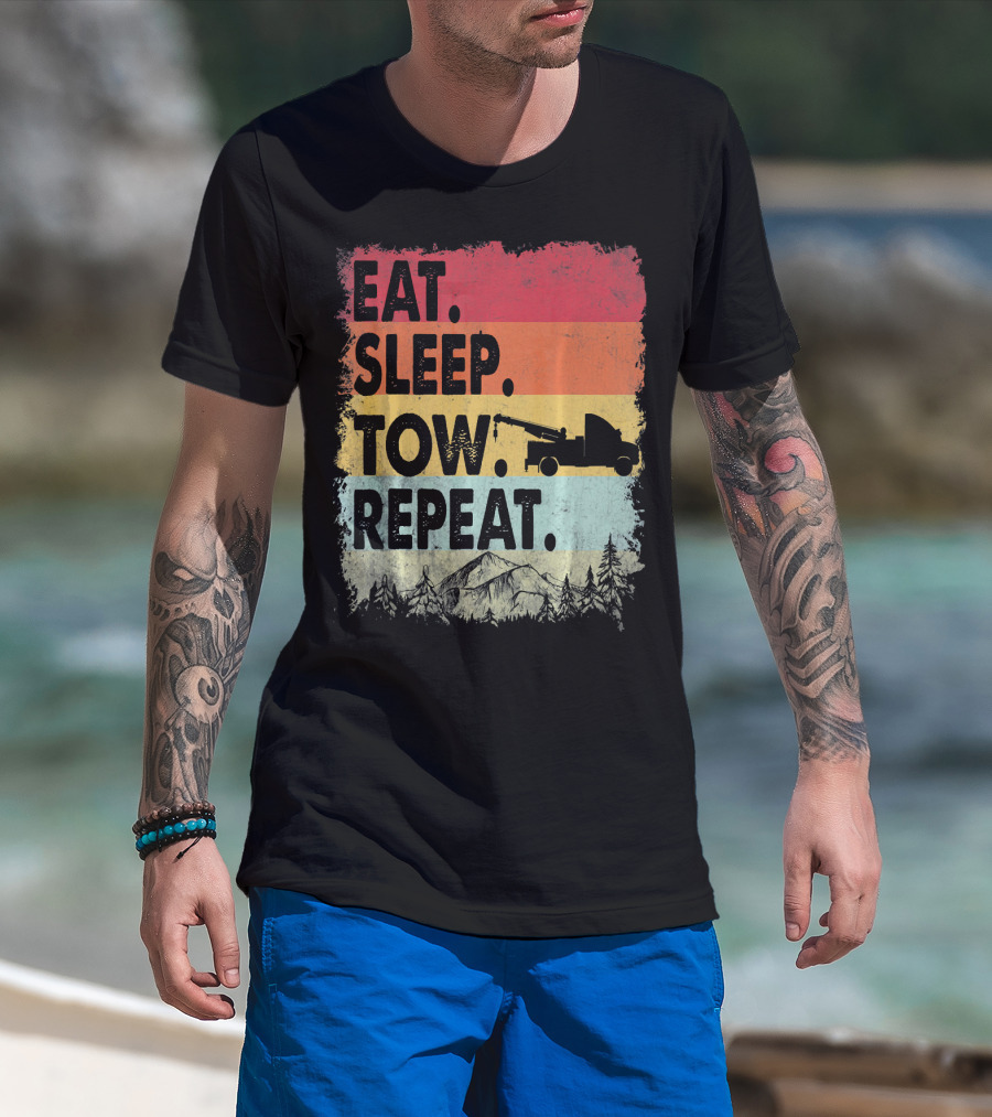 Eat Sleep Tow Repeat Funny Tow Truck Vintage Sunset Mountains Forest T-Shirt