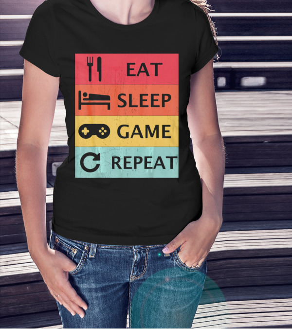 Eat Sleep Game Repeat Meme Retro Icons T-Shirt